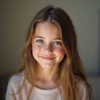 A young cute Caucasian girl residing in France is captured in a moment of reflection, her wavy hair falling gracefully around her shoulders while she exudes calm confidence. Generative AI.