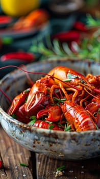 A vibrant, close-up view of spiced crawfish entangled in a vintage bowl, sprinkled with fresh greens on a rustic wooden backdrop