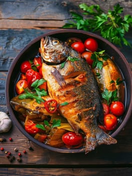 A succulent pan-seared fish topped with a crispy layer, served with lemon wedges in a rustic bowl, suitable for culinary stock photography