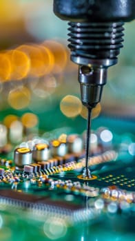 Precision soldering on a green circuit board with a bokeh flare, showcasing the confluence of technology and artistry