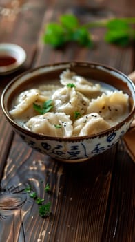 Exquisite dumplings in a blue and white porcelain bowl, garnished with fresh green herbs, on a wooden background with soft natural lighting