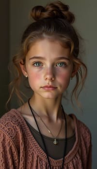 A young cute Caucasian girl residing in France is captured in a moment of reflection, her wavy hair falling gracefully around her shoulders while she exudes calm confidence. Generative AI.