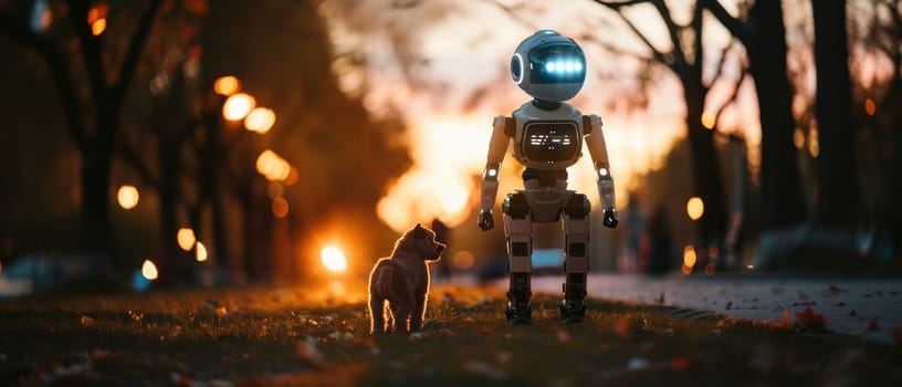 A humanoid robot takes a leisurely walk with a black dog through a park bathed in the golden light of an autumn sunset