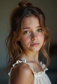 A young cute Caucasian girl residing in France is captured in a moment of reflection, her wavy hair falling gracefully around her shoulders while she exudes calm confidence. Generative AI.