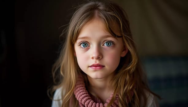 A young cute Caucasian girl residing in France is captured in a moment of reflection, her wavy hair falling gracefully around her shoulders while she exudes calm confidence. Generative AI.