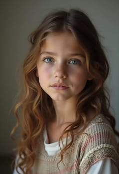 A young cute Caucasian girl residing in France is captured in a moment of reflection, her wavy hair falling gracefully around her shoulders while she exudes calm confidence. Generative AI.