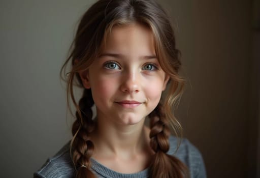 A young cute Caucasian girl residing in France is captured in a moment of reflection, her wavy hair falling gracefully around her shoulders while she exudes calm confidence. Generative AI.