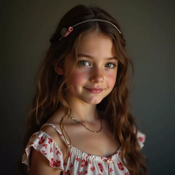 A young cute Caucasian girl residing in France is captured in a moment of reflection, her wavy hair falling gracefully around her shoulders while she exudes calm confidence. Generative AI.