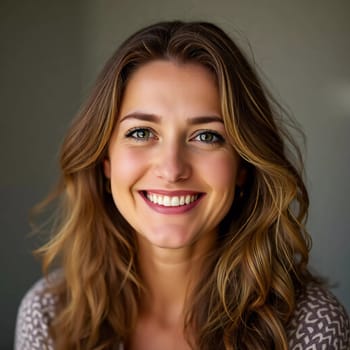 A smiling Caucasian young beautiful woman from France, embodying warmth and joy. Her relaxed demeanor and carefree expression convey a sense of happiness and approachability. Generative AI.
