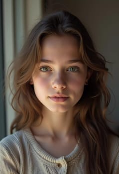 A young cute Caucasian girl residing in France is captured in a moment of reflection, her wavy hair falling gracefully around her shoulders while she exudes calm confidence. Generative AI.