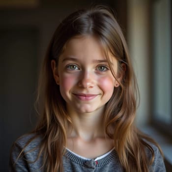 A young cute Caucasian girl residing in France is captured in a moment of reflection, her wavy hair falling gracefully around her shoulders while she exudes calm confidence. Generative AI.