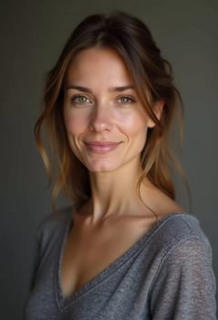 A smiling Caucasian young beautiful woman from France, embodying warmth and joy. Her relaxed demeanor and carefree expression convey a sense of happiness and approachability. Generative AI.