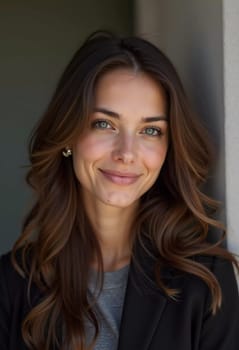 A smiling Caucasian young beautiful woman from France, embodying warmth and joy. Her relaxed demeanor and carefree expression convey a sense of happiness and approachability. Generative AI.