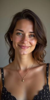 A smiling Caucasian young beautiful woman from France, embodying warmth and joy. Her relaxed demeanor and carefree expression convey a sense of happiness and approachability. Generative AI.