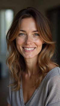 A smiling Caucasian young beautiful woman from France, embodying warmth and joy. Her relaxed demeanor and carefree expression convey a sense of happiness and approachability. Generative AI.