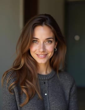 A smiling Caucasian young beautiful woman from France, embodying warmth and joy. Her relaxed demeanor and carefree expression convey a sense of happiness and approachability. Generative AI.