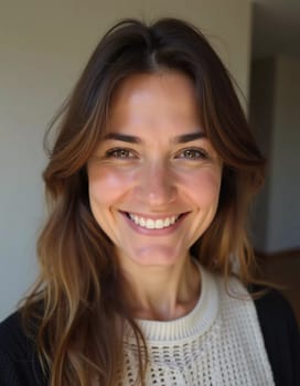 A smiling Caucasian young beautiful woman from France, embodying warmth and joy. Her relaxed demeanor and carefree expression convey a sense of happiness and approachability. Generative AI.