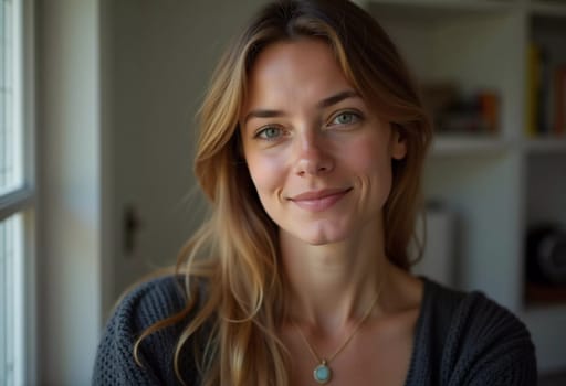 A smiling Caucasian young beautiful woman from France, embodying warmth and joy. Her relaxed demeanor and carefree expression convey a sense of happiness and approachability. Generative AI.