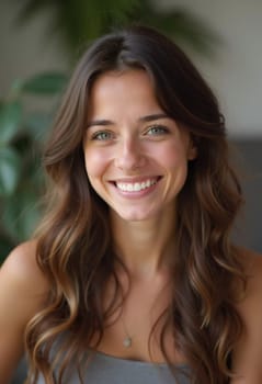 A smiling Caucasian young beautiful woman from France, embodying warmth and joy. Her relaxed demeanor and carefree expression convey a sense of happiness and approachability. Generative AI.