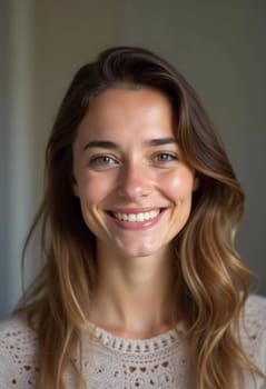 A smiling Caucasian young beautiful woman from France, embodying warmth and joy. Her relaxed demeanor and carefree expression convey a sense of happiness and approachability. Generative AI.