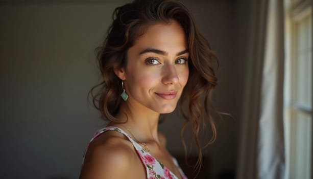 A smiling Caucasian young beautiful woman from France, embodying warmth and joy. Her relaxed demeanor and carefree expression convey a sense of happiness and approachability. Generative AI.