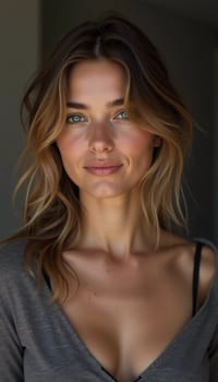 A smiling Caucasian young beautiful woman from France, embodying warmth and joy. Her relaxed demeanor and carefree expression convey a sense of happiness and approachability. Generative AI.