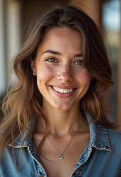 A smiling Caucasian young beautiful woman from France, embodying warmth and joy. Her relaxed demeanor and carefree expression convey a sense of happiness and approachability. Generative AI.