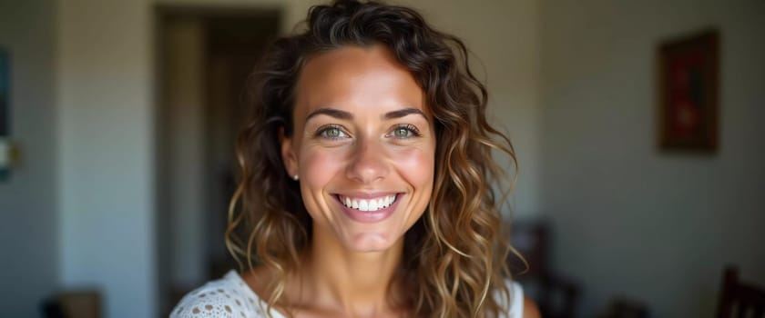 In a charming French residence, a cheerful woman with curly hair smiles brightly, exuding joy and positivity, embraced by a cozy atmosphere. Generative AI.