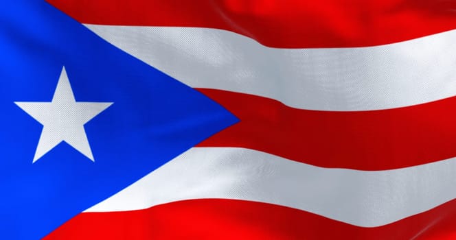 Close-up of Puerto Rico national flag waving in the wind. Puerto Rico is a Caribbean island and unincorporated territory of the United States. 3D illustration render. Rippling fabric