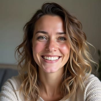 A smiling Caucasian young beautiful woman from France, embodying warmth and joy. Her relaxed demeanor and carefree expression convey a sense of happiness and approachability. Generative AI.