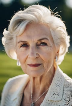 Sophisticated older French woman is in the open air. Demeanor reveals a lifetime of experiences and reflections, embodying grace and wisdom. Well-groomed woman 70 years old with grey hair. AI.