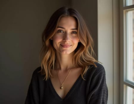 A smiling Caucasian young beautiful woman from France, embodying warmth and joy. Her relaxed demeanor and carefree expression convey a sense of happiness and approachability. Generative AI.