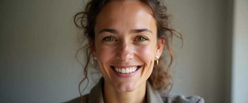 A smiling Caucasian young beautiful woman from France, embodying warmth and joy. Her relaxed demeanor and carefree expression convey a sense of happiness and approachability. Generative AI.