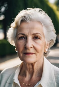 Sophisticated older French woman is in the open air. Demeanor reveals a lifetime of experiences and reflections, embodying grace and wisdom. Well-groomed woman 70 years old with grey hair. AI.