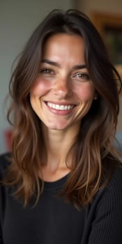 A smiling Caucasian young beautiful woman from France, embodying warmth and joy. Her relaxed demeanor and carefree expression convey a sense of happiness and approachability. Generative AI.