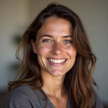 A smiling Caucasian young beautiful woman from France, embodying warmth and joy. Her relaxed demeanor and carefree expression convey a sense of happiness and approachability. Generative AI.