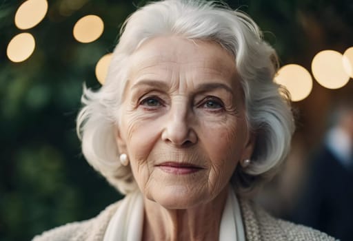 Sophisticated older French woman is in the open air. Demeanor reveals a lifetime of experiences and reflections, embodying grace and wisdom. Well-groomed woman 70 years old with grey hair. AI.