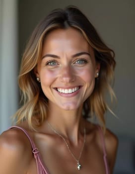 A smiling Caucasian young beautiful woman from France, embodying warmth and joy. Her relaxed demeanor and carefree expression convey a sense of happiness and approachability. Generative AI.