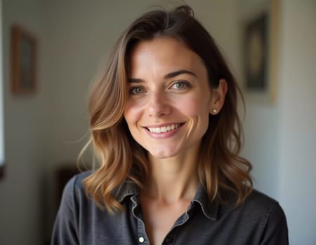 A smiling Caucasian young beautiful woman from France, embodying warmth and joy. Her relaxed demeanor and carefree expression convey a sense of happiness and approachability. Generative AI.