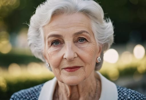 Sophisticated older French woman is in the open air. Demeanor reveals a lifetime of experiences and reflections, embodying grace and wisdom. Well-groomed woman 70 years old with grey hair. AI.