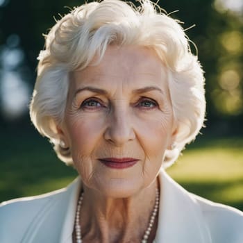 Sophisticated older French woman is in the open air. Demeanor reveals a lifetime of experiences and reflections, embodying grace and wisdom. Well-groomed woman 70 years old with grey hair. AI.