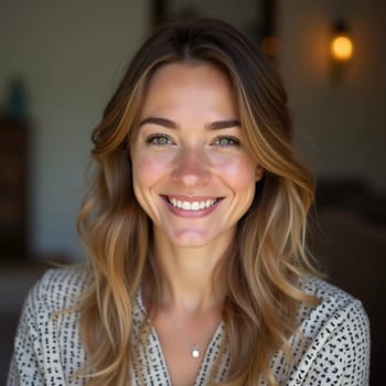 A smiling Caucasian young beautiful woman from France, embodying warmth and joy. Her relaxed demeanor and carefree expression convey a sense of happiness and approachability. Generative AI.