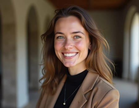 A smiling Caucasian young beautiful woman from France, embodying warmth and joy. Her relaxed demeanor and carefree expression convey a sense of happiness and approachability. Generative AI.