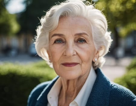 Sophisticated older French woman is in the open air. Demeanor reveals a lifetime of experiences and reflections, embodying grace and wisdom. Well-groomed woman 70 years old with grey hair. AI.