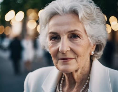 Sophisticated older French woman is in the open air. Demeanor reveals a lifetime of experiences and reflections, embodying grace and wisdom. Well-groomed woman 70 years old with grey hair. AI.