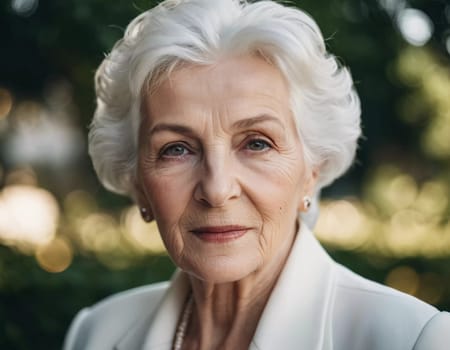 Sophisticated older French woman is in the open air. Demeanor reveals a lifetime of experiences and reflections, embodying grace and wisdom. Well-groomed woman 70 years old with grey hair. AI.