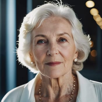 Sophisticated older French woman is in the open air. Demeanor reveals a lifetime of experiences and reflections, embodying grace and wisdom. Well-groomed woman 70 years old with grey hair. AI.