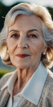 Sophisticated older French woman is in the open air. Demeanor reveals a lifetime of experiences and reflections, embodying grace and wisdom. Well-groomed woman 70 years old with grey hair. AI.