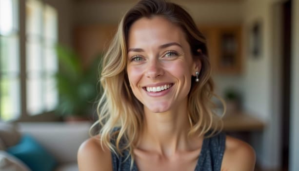 A smiling Caucasian young beautiful woman from France, embodying warmth and joy. Her relaxed demeanor and carefree expression convey a sense of happiness and approachability. Generative AI.