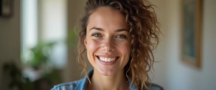 A smiling Caucasian young beautiful woman from France, embodying warmth and joy. Her relaxed demeanor and carefree expression convey a sense of happiness and approachability. Generative AI.